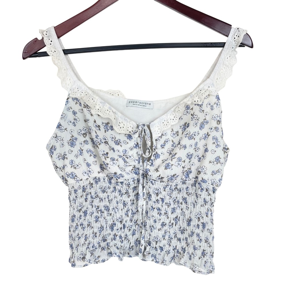 Y2K 90s Womens Top M Babydoll Milkmaid Cottage Fairy Coquette Lace Smocked Boho